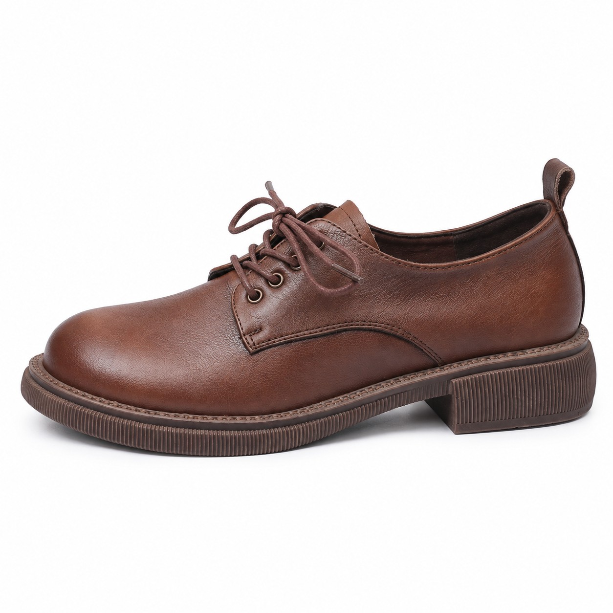 Women's Full-Grain Leather Block-Heel Lace-Up Casual Shoes