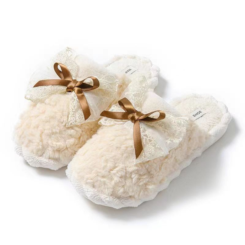 Pantuflas de felpa cálidas y cómodas para mujer con lazo fáciles de poner 6