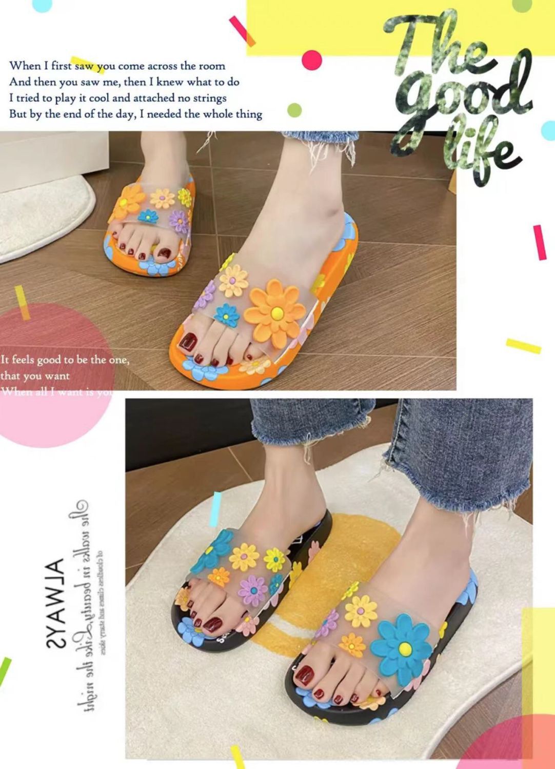 Lichte dames slippers met bloemen en open teen detail 1
