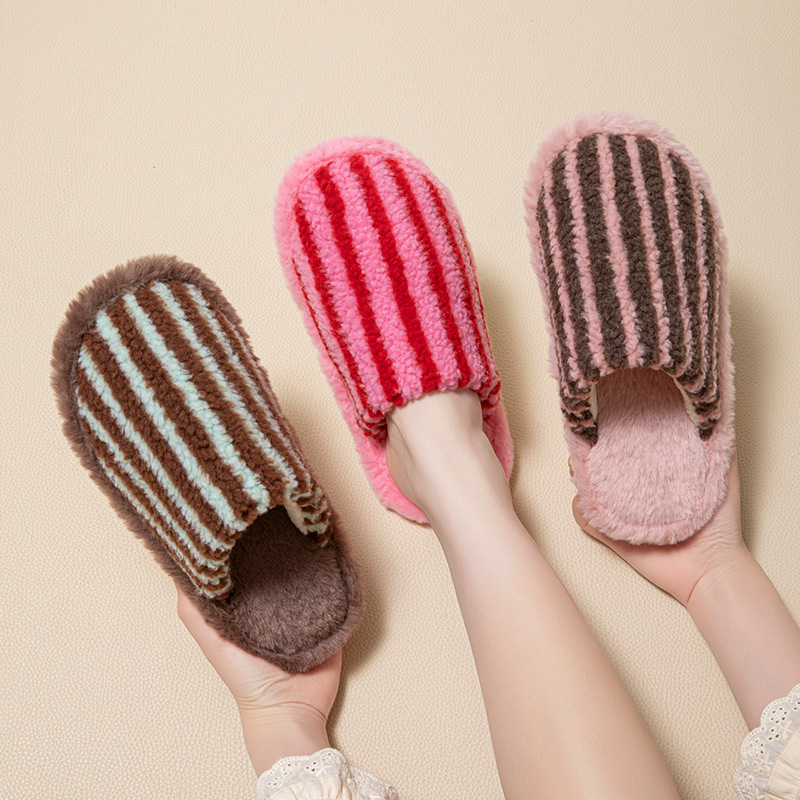 Women's Striped Plush Warm Slip-On Slippers 4