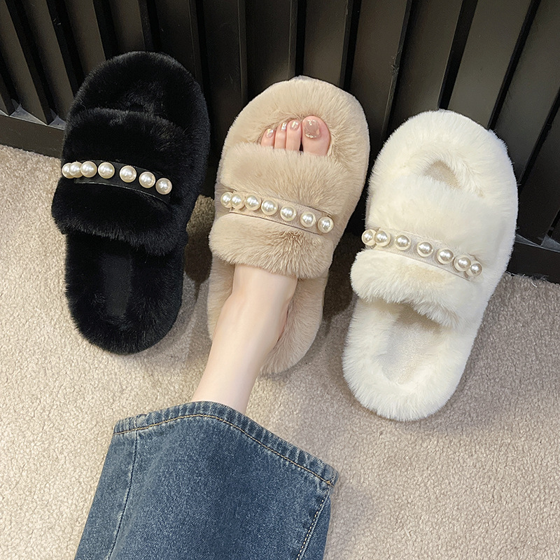 Women's Cozy Faux Pearl Plush Open-Toe Slippers detail 1