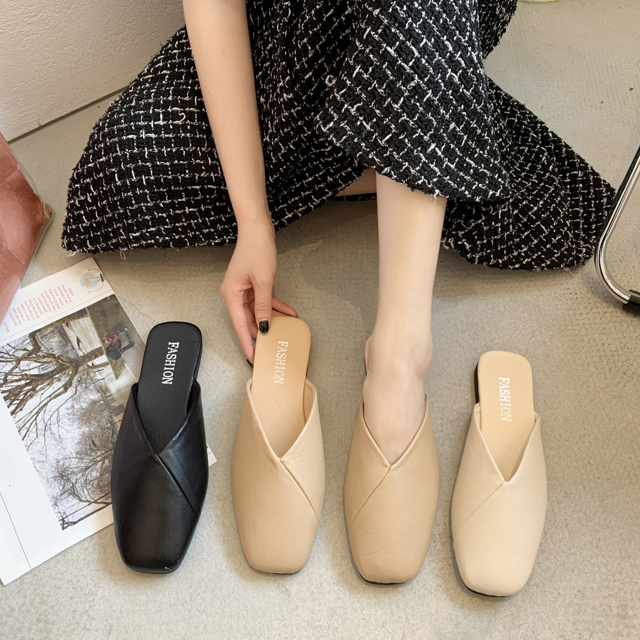 Dames instapschoenen met vierkante neus van PU-leer, platte schoenen 5