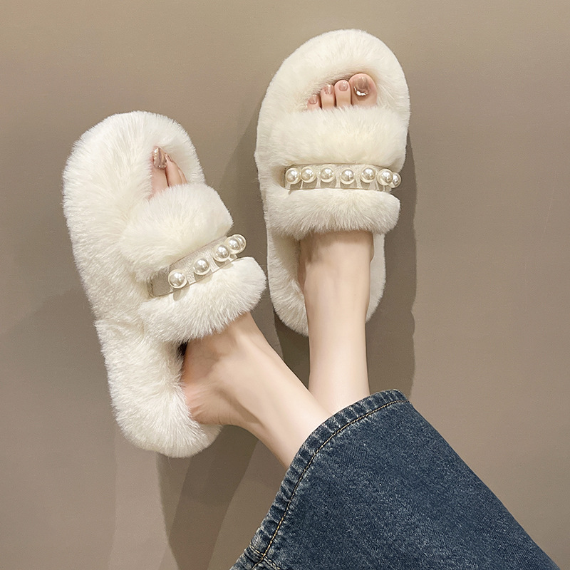 Women's Cozy Faux Pearl Plush Open-Toe Slippers detail 11