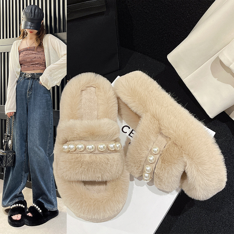 Women's Cozy Faux Pearl Plush Open-Toe Slippers detail 2
