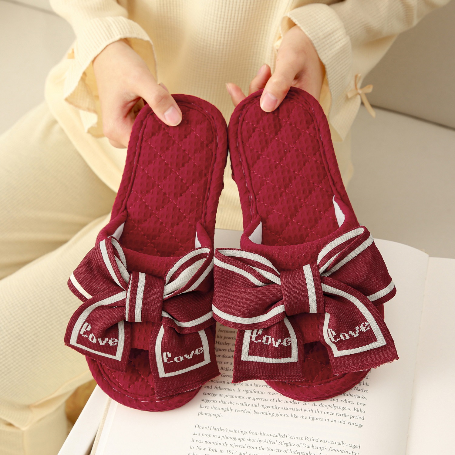Women's Bowknot Open-Toe Cotton Fabric Slippers