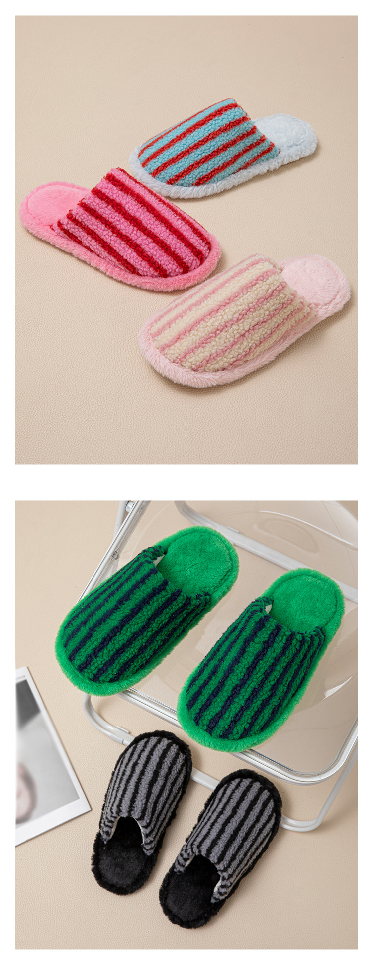 Women's Striped Plush Warm Slip-On Slippers detail 6