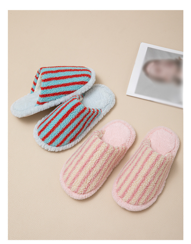 Women's Striped Plush Warm Slip-On Slippers detail 7