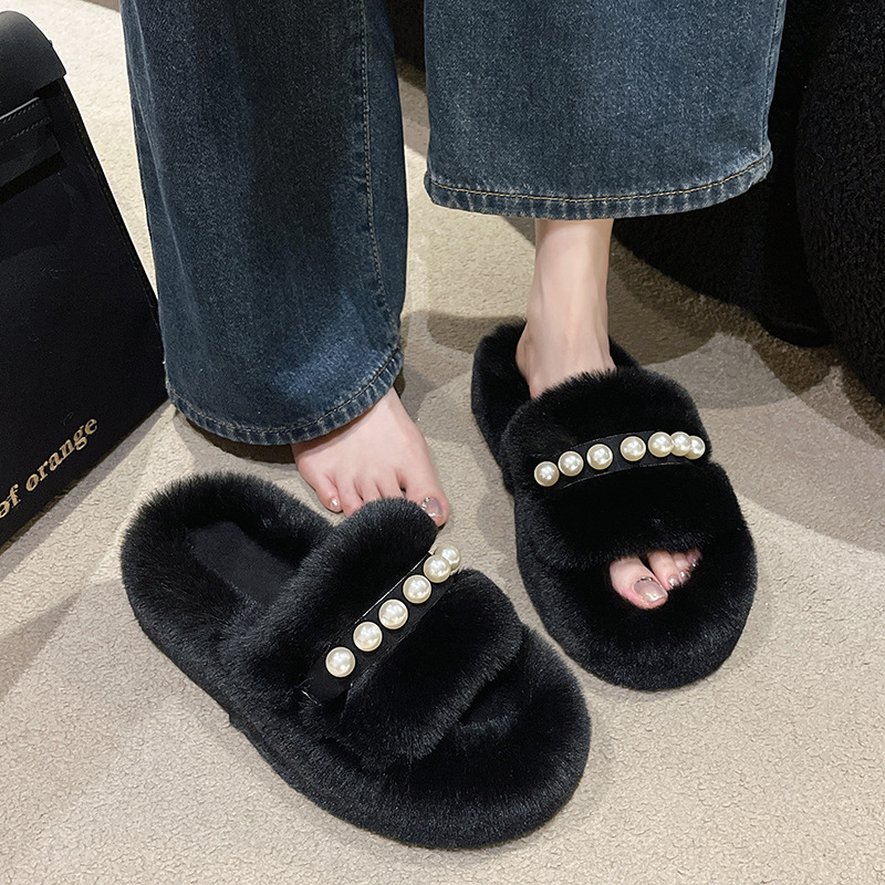 Women's Cozy Faux Pearl Plush Open-Toe Slippers detail 3