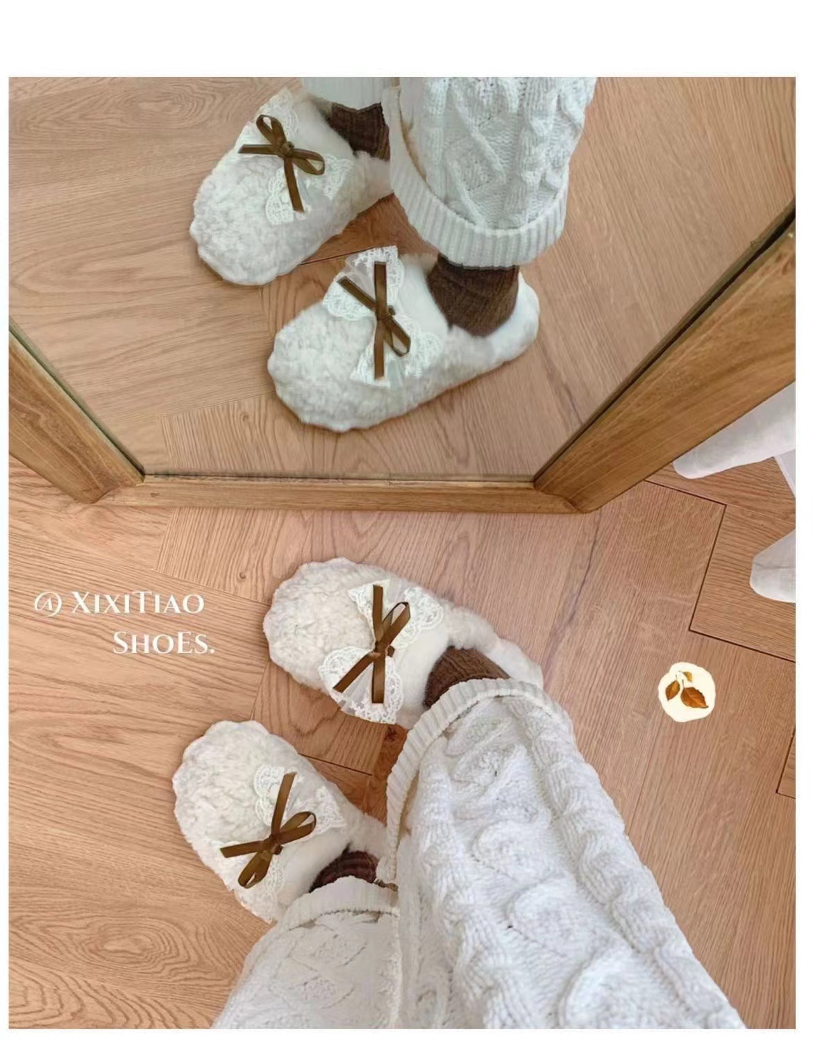 Pantuflas de felpa cálidas y cómodas para mujer con lazo fáciles de poner detail 2
