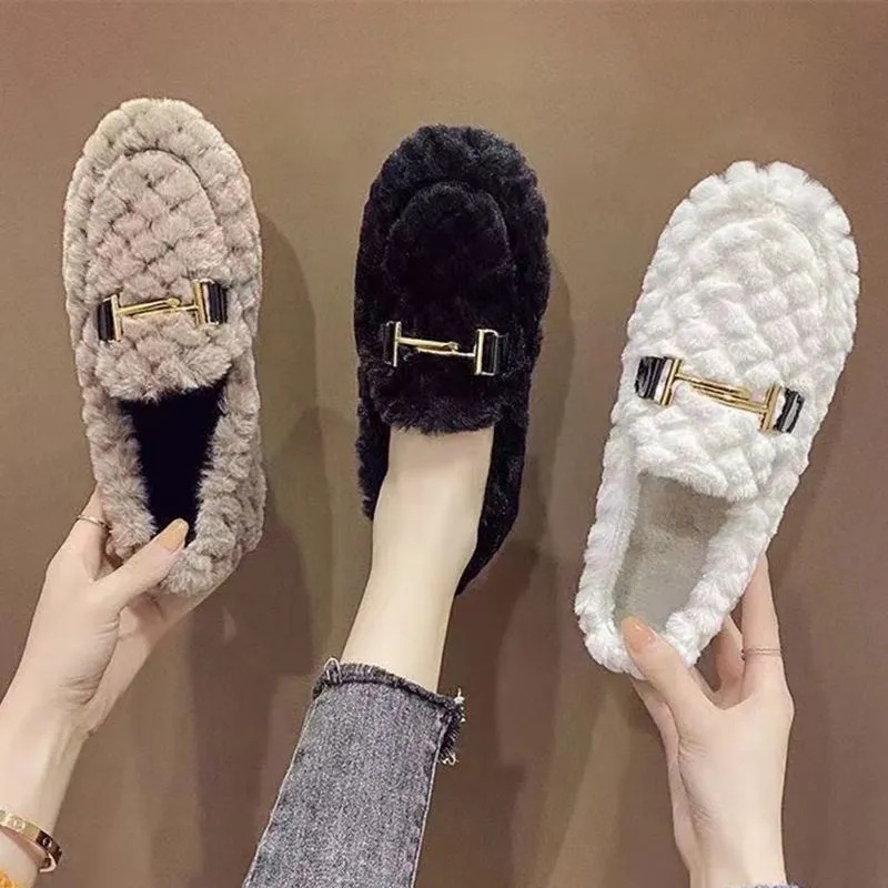Warme flache Plüsch-Slipper für Damen im Loafer-Stil