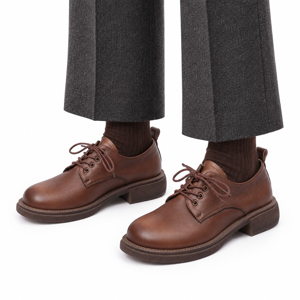 Women's Full-Grain Leather Block-Heel Lace-Up Casual Shoes 2