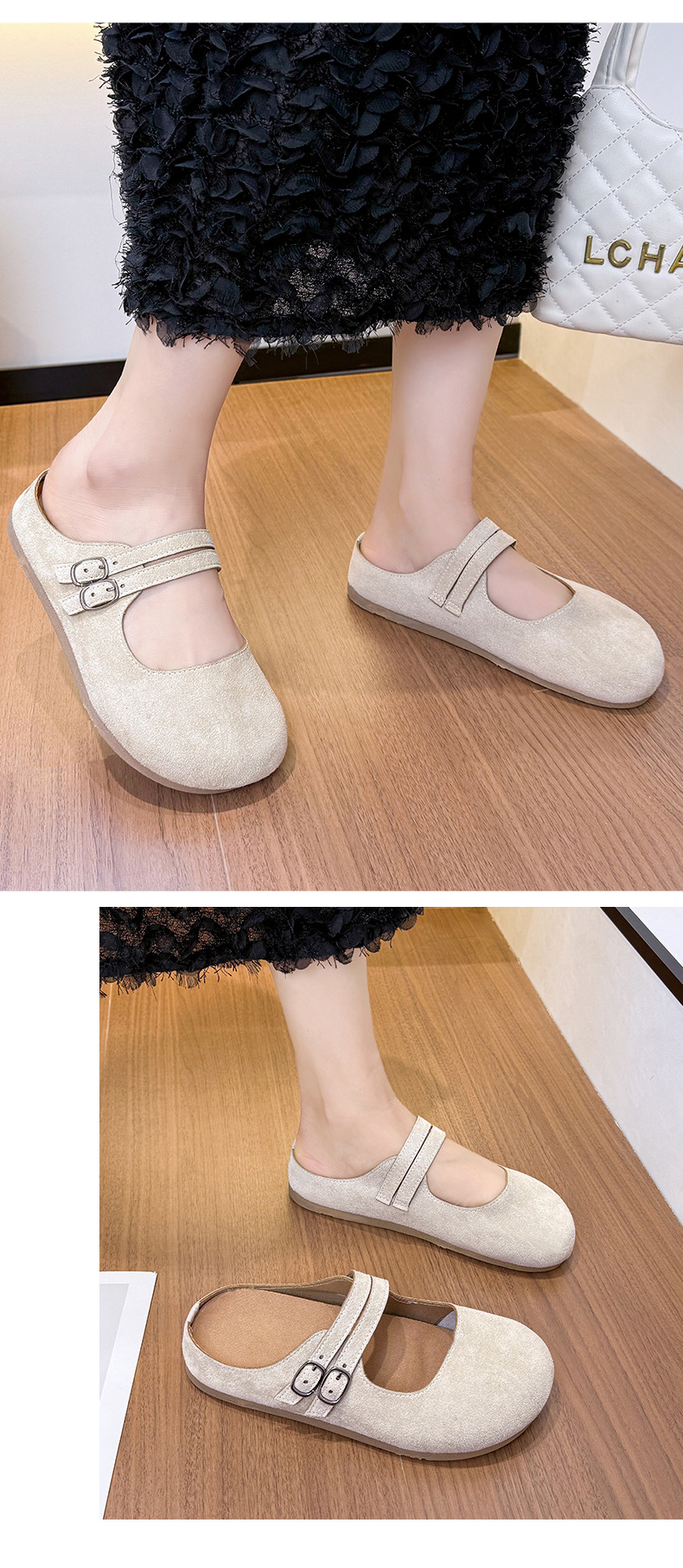 Chaussons plats en daim à double boucle pour femme detail 6