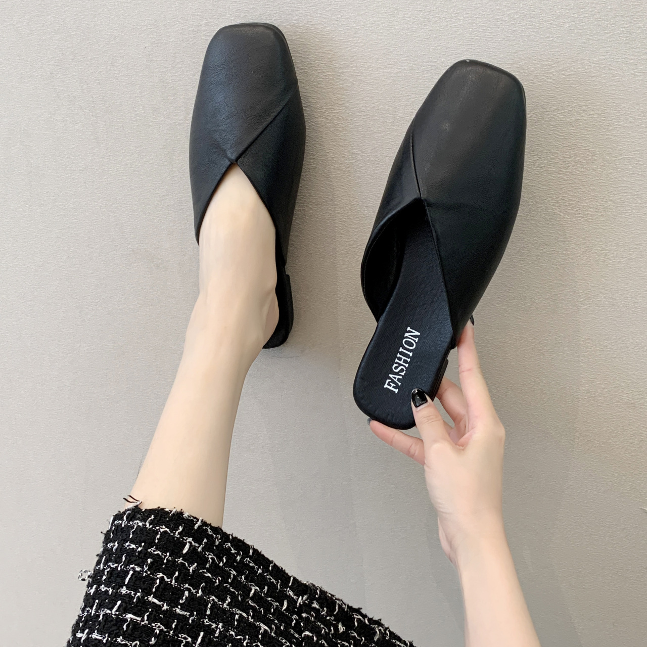 Dames instapschoenen met vierkante neus van PU-leer, platte schoenen 3