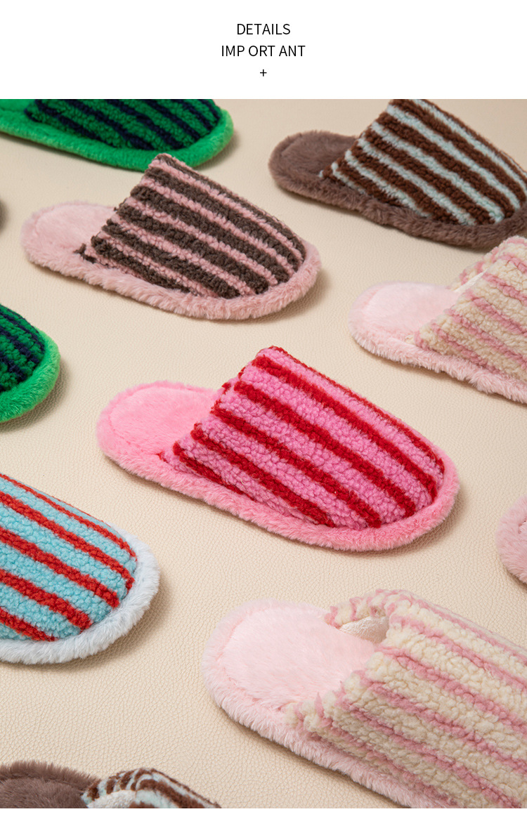 Women's Striped Plush Warm Slip-On Slippers detail 1