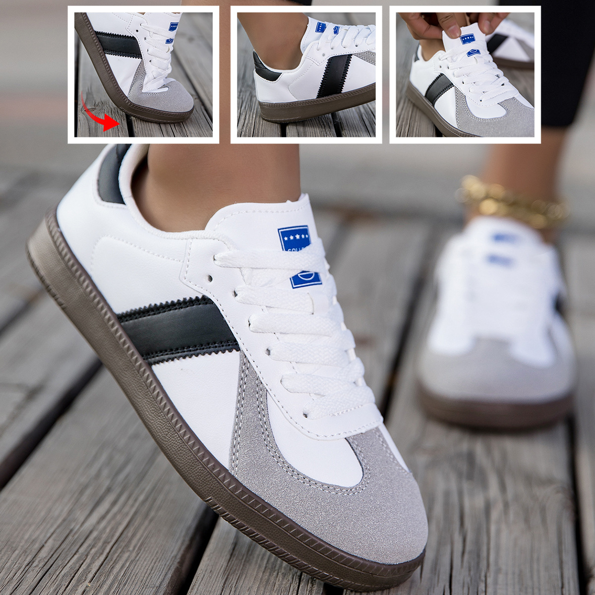 Casual damesschoenen met veters en retro colourblock detail 1