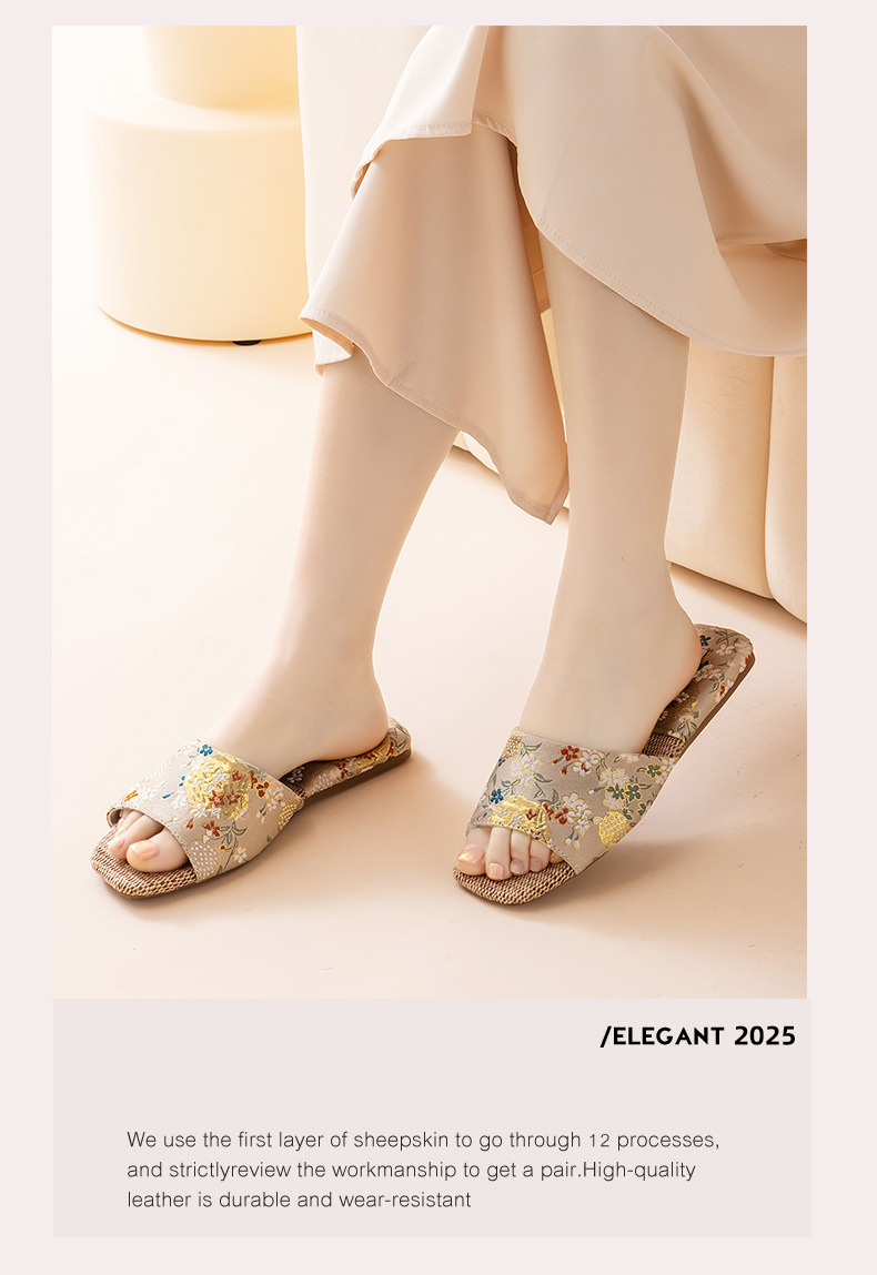 Atmungsaktive Damen-Hausschuhe aus Leinen mit Blumenmuster detail 7
