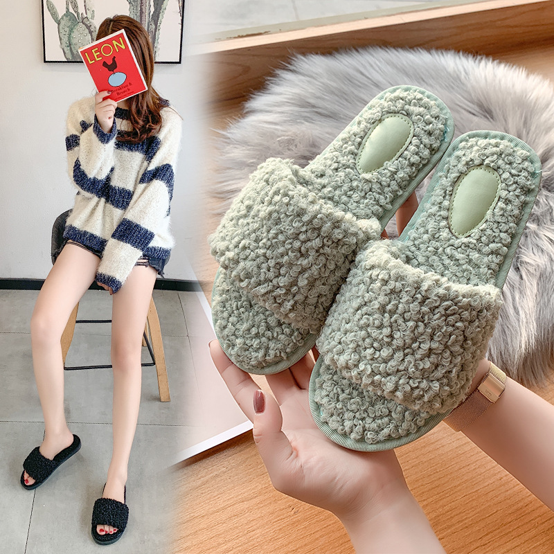 Pantuflas planas de felpa con punta abierta para mujer 3