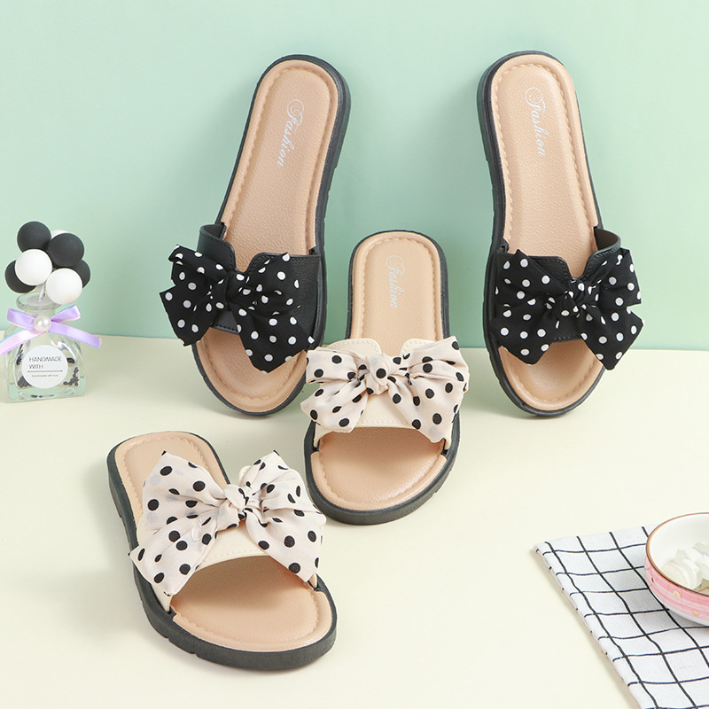 Pantuflas planas de meter para mujer con lazo de lunares 4