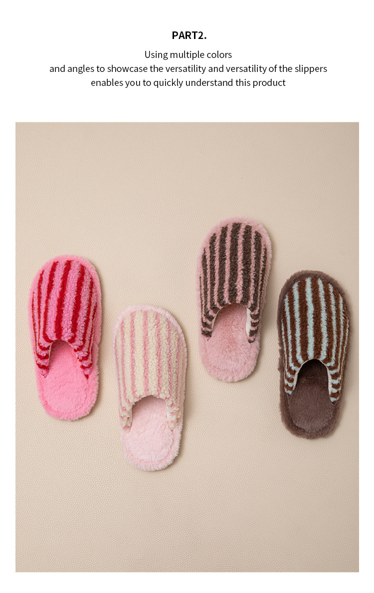 Women's Striped Plush Warm Slip-On Slippers detail 5