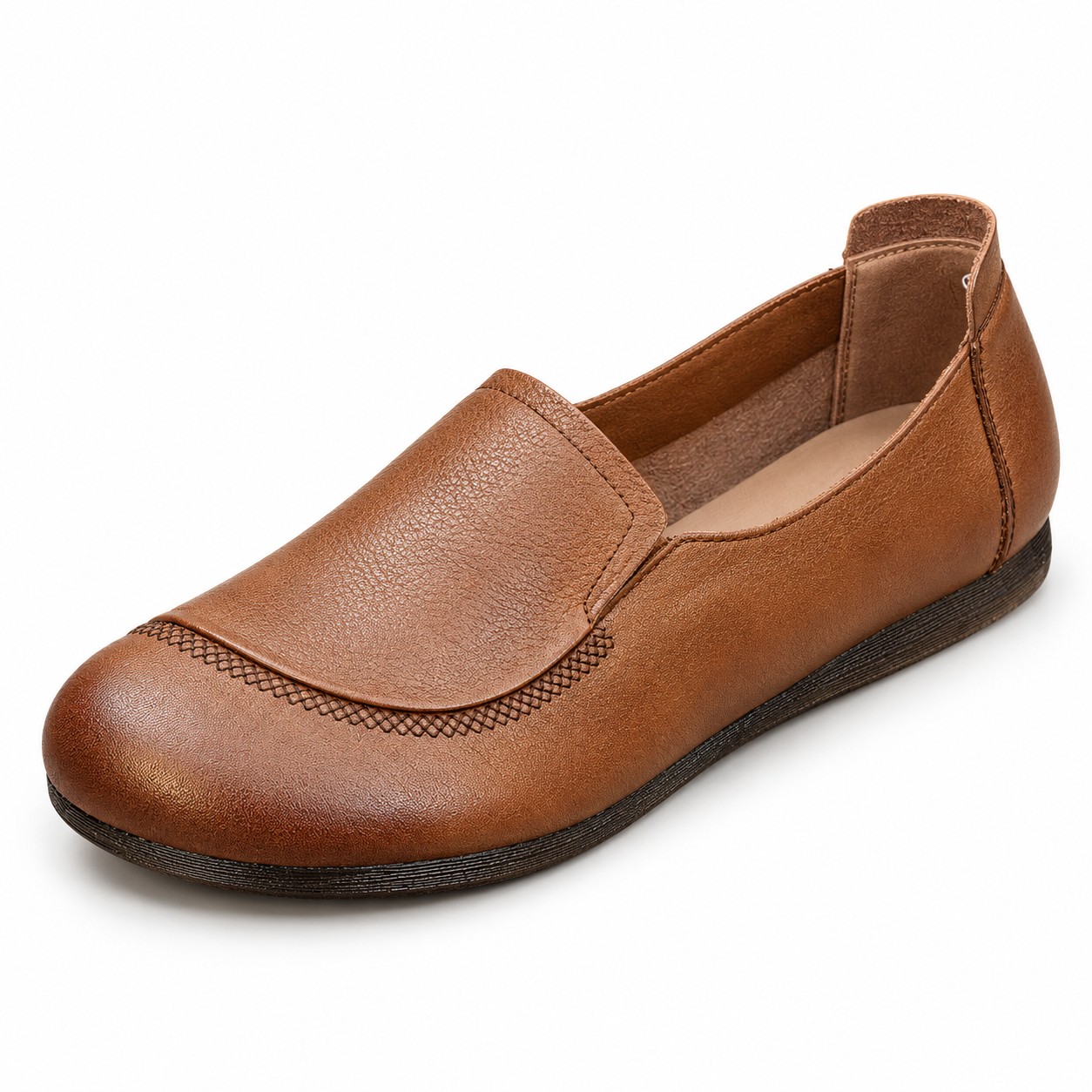 Women's Full-Grain Leather Moc-Toe Slip-On Flats