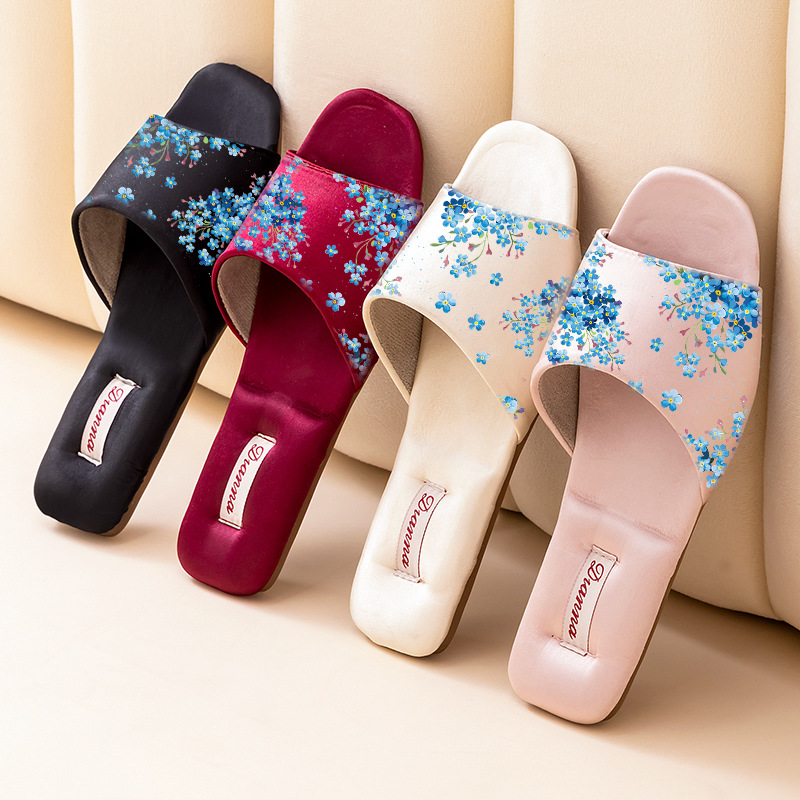 Chaussons pour femmes à motif floral, bout ouvert et semelle rembourrée