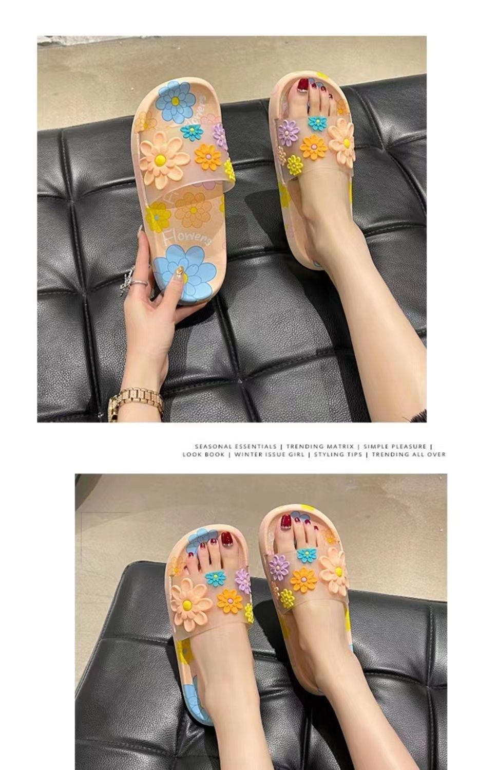 Lichte dames slippers met bloemen en open teen detail 2