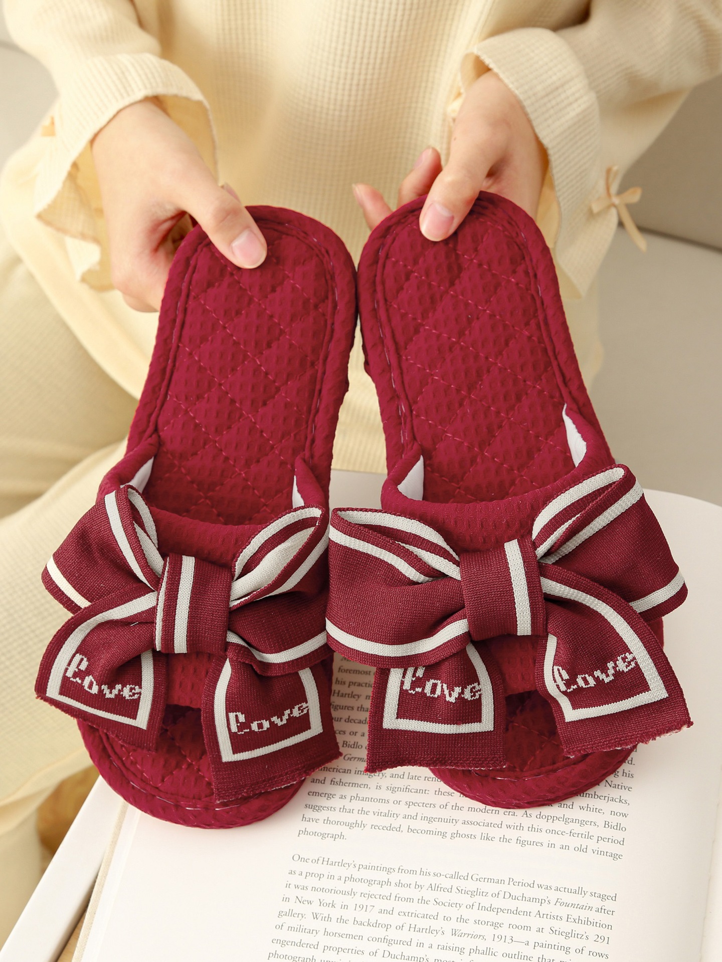 Women's Bowknot Open-Toe Cotton Fabric Slippers detail 1