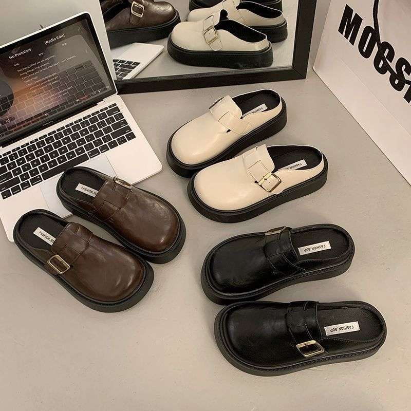 Chaussons compensés vintage en cuir PU pour femme à enfiler