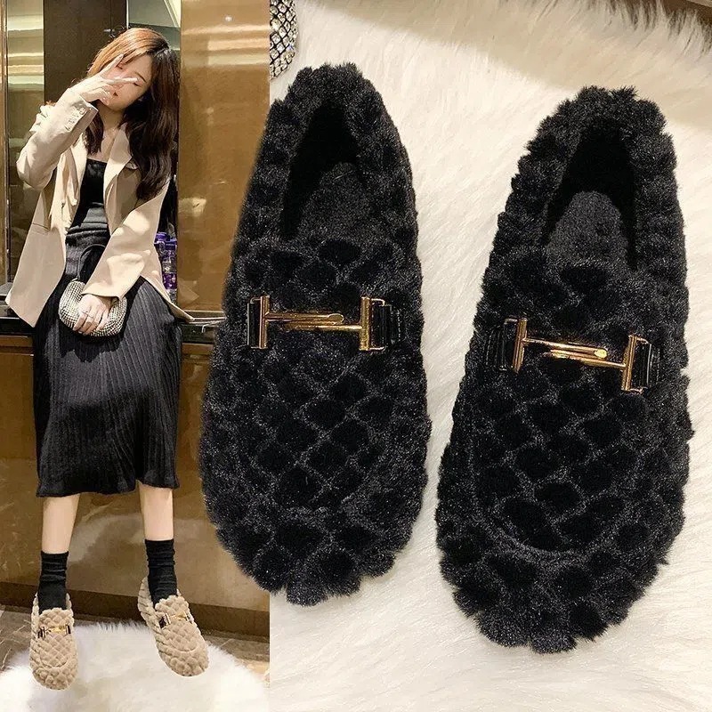 Warme flache Plüsch-Slipper für Damen im Loafer-Stil 4