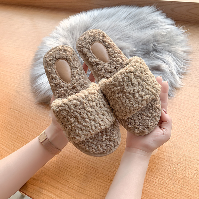 Chaussons plats douillets en peluche pour femme à bout ouvert