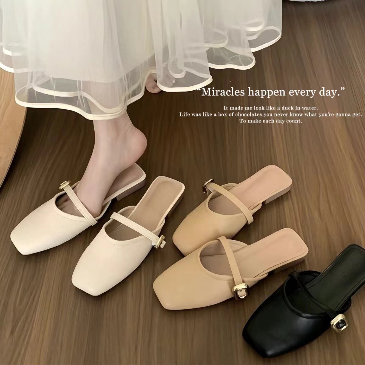 Flache Damen-Schuhe zum Hineinschlüpfen mit eckiger Spitze und Schnalle detail 1