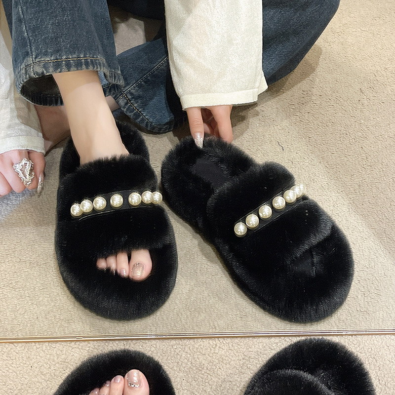 Women's Cozy Faux Pearl Plush Open-Toe Slippers detail 6