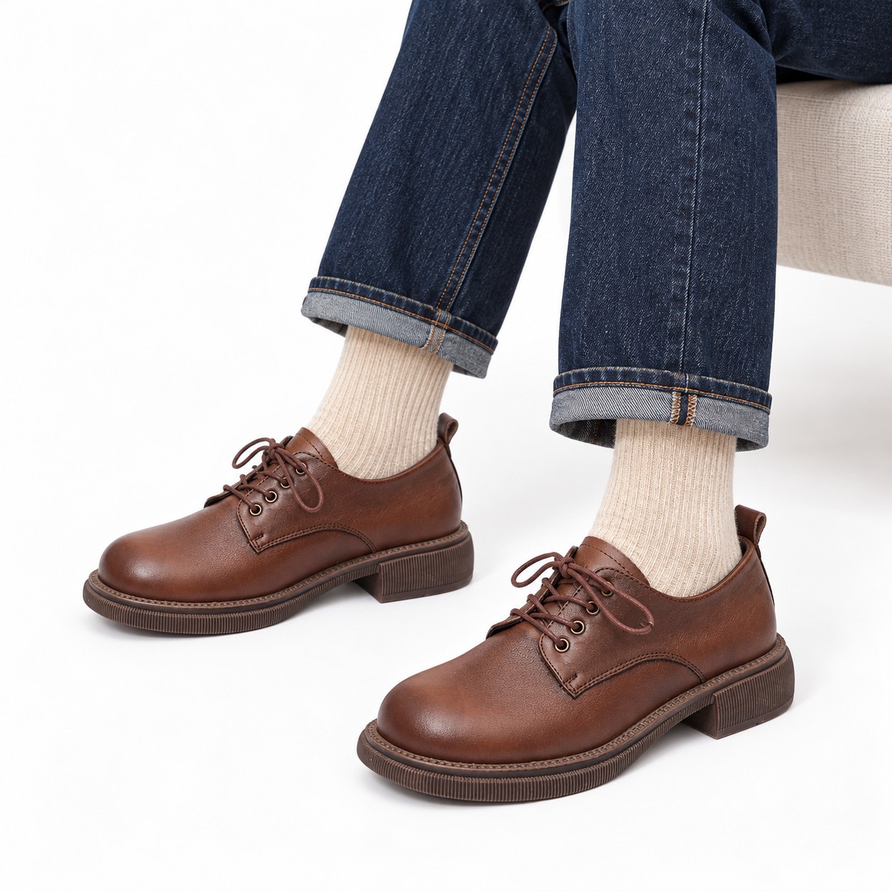 Women's Full-Grain Leather Block-Heel Lace-Up Casual Shoes 4