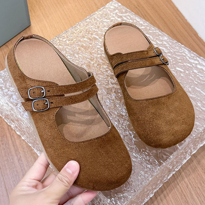 Chaussons plats en daim à double boucle pour femme