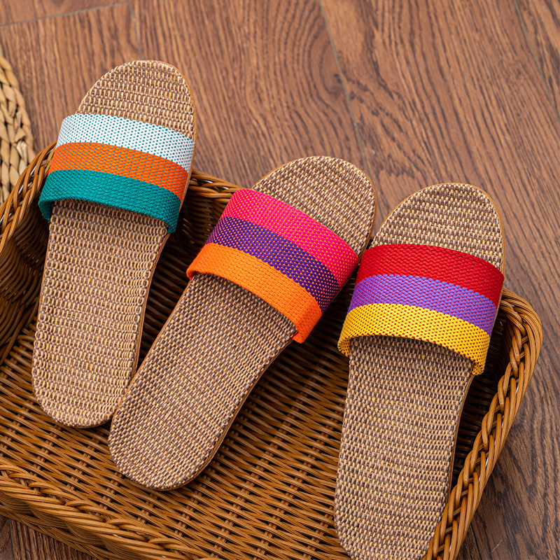 Chaussons Bout Ouvert Rayés en Lin Respirant pour Femme