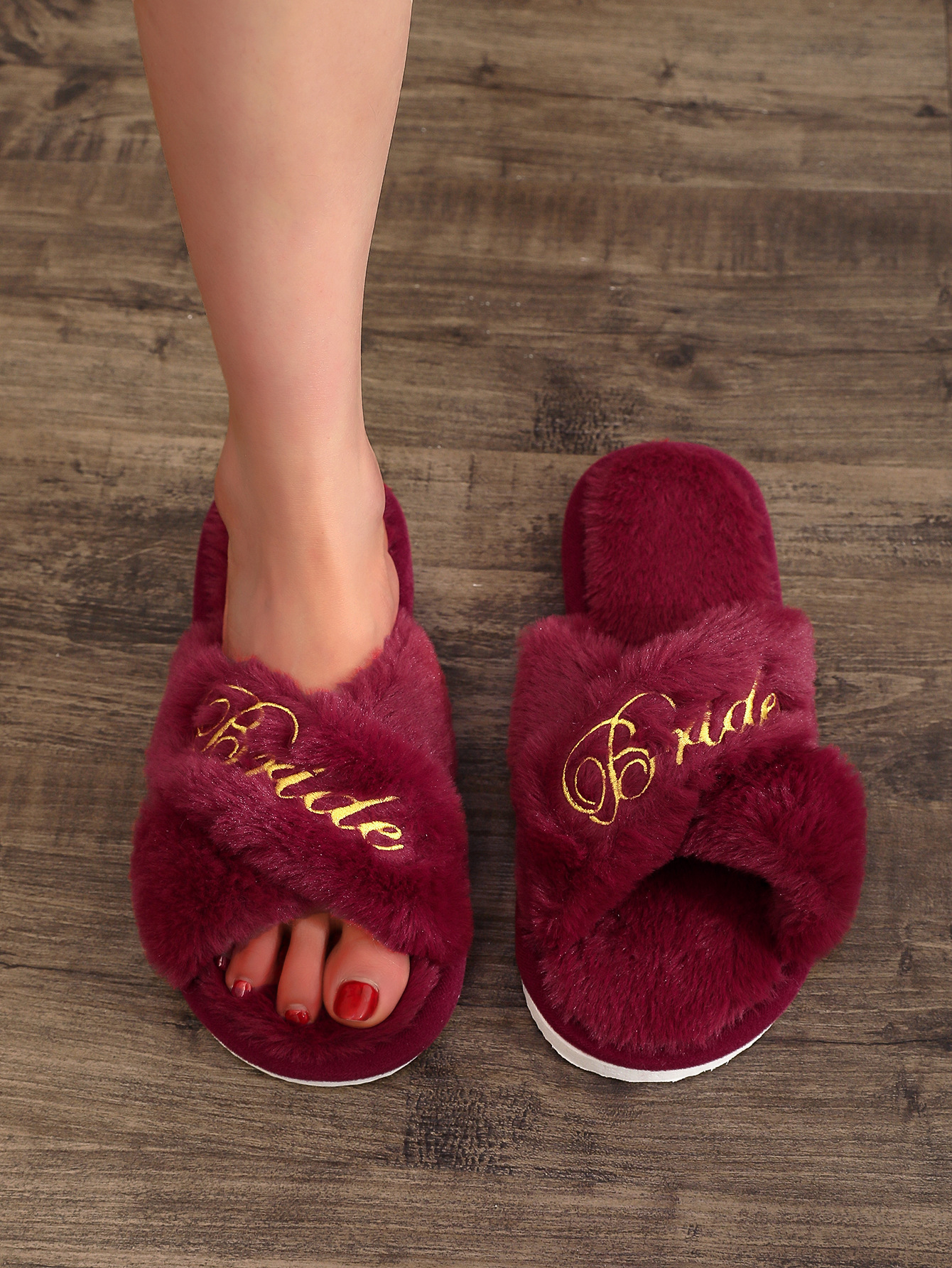 Pantofole da donna in peluche a fasce incrociate e punta aperta detail 6