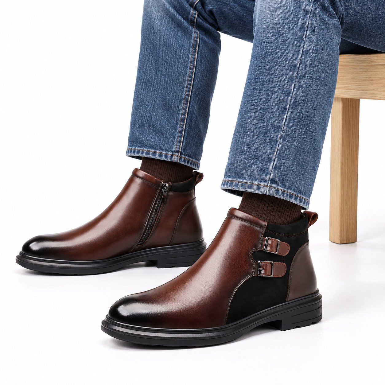 Men's Full-Grain Leather Double-Buckle Ankle Boots 4