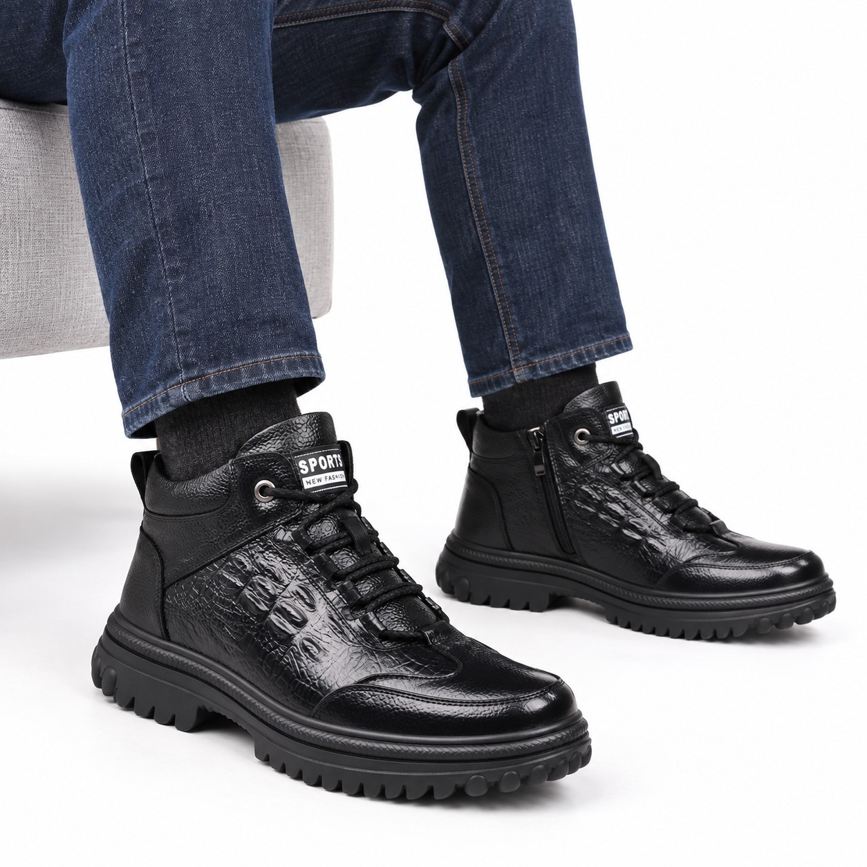 Men's Full-Grain Leather Lug-Sole Lace-Up Boots 7