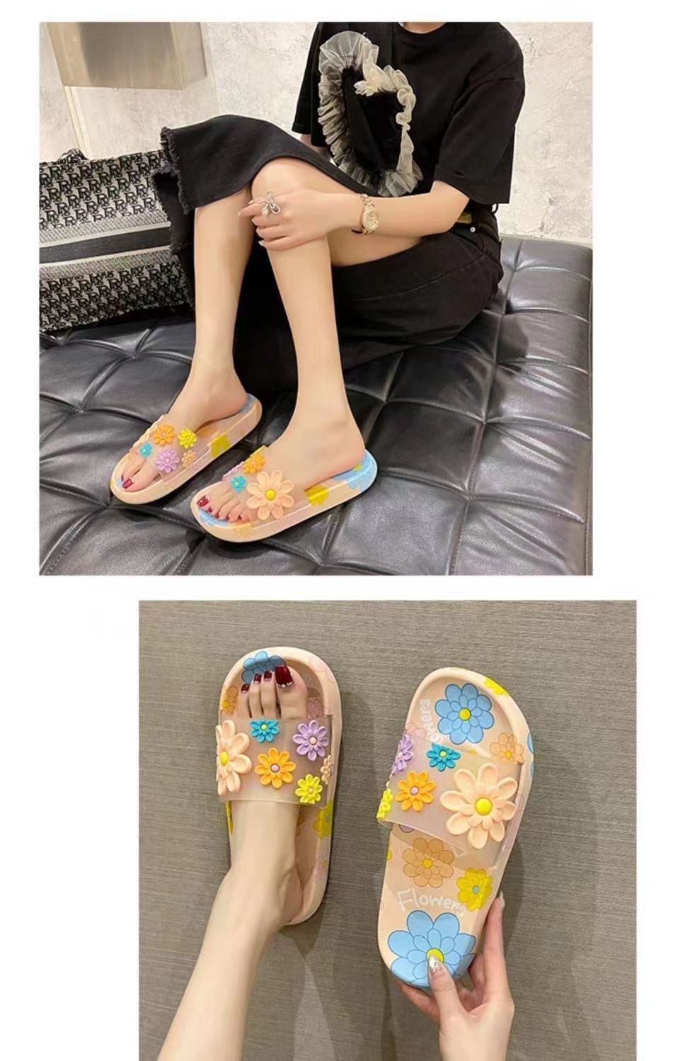 Lichte dames slippers met bloemen en open teen detail 4