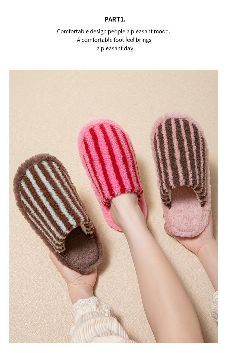 Women's Striped Plush Warm Slip-On Slippers detail 2