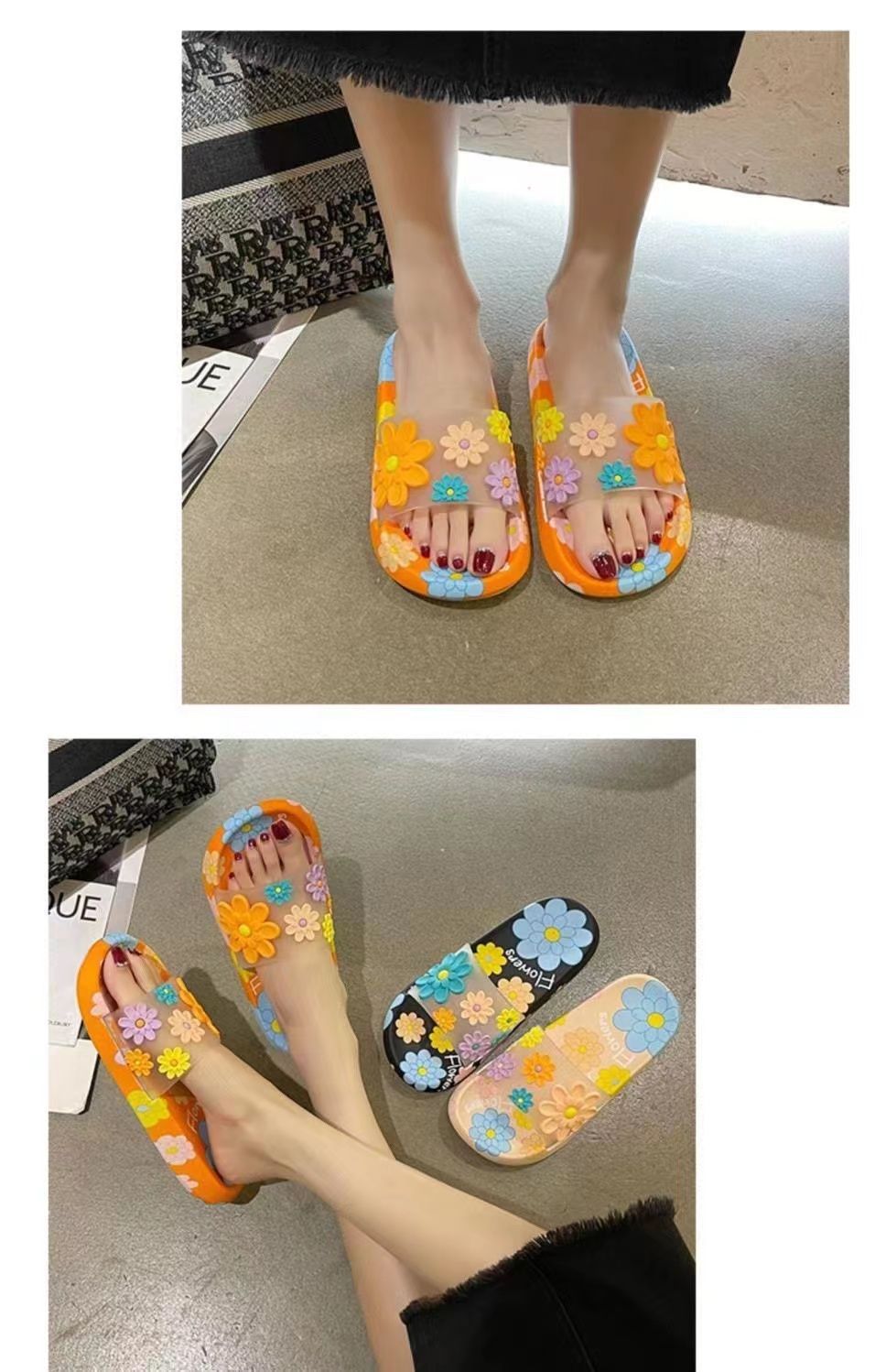 Lichte dames slippers met bloemen en open teen detail 8