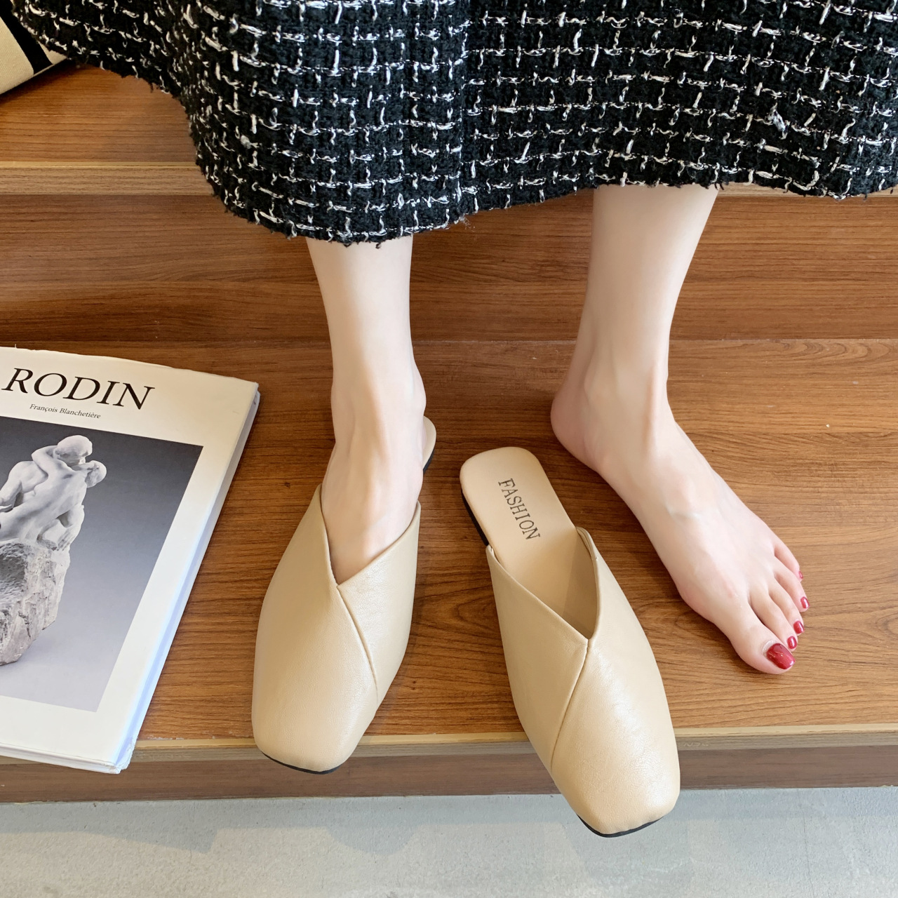 Dames instapschoenen met vierkante neus van PU-leer, platte schoenen 4