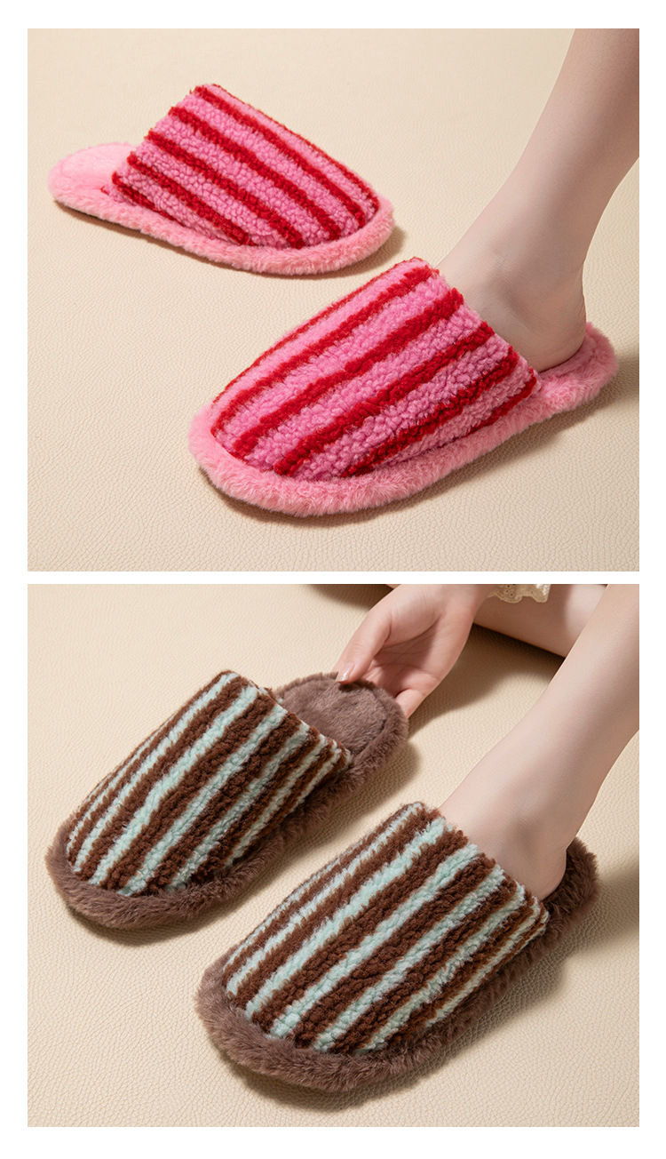 Women's Striped Plush Warm Slip-On Slippers detail 3