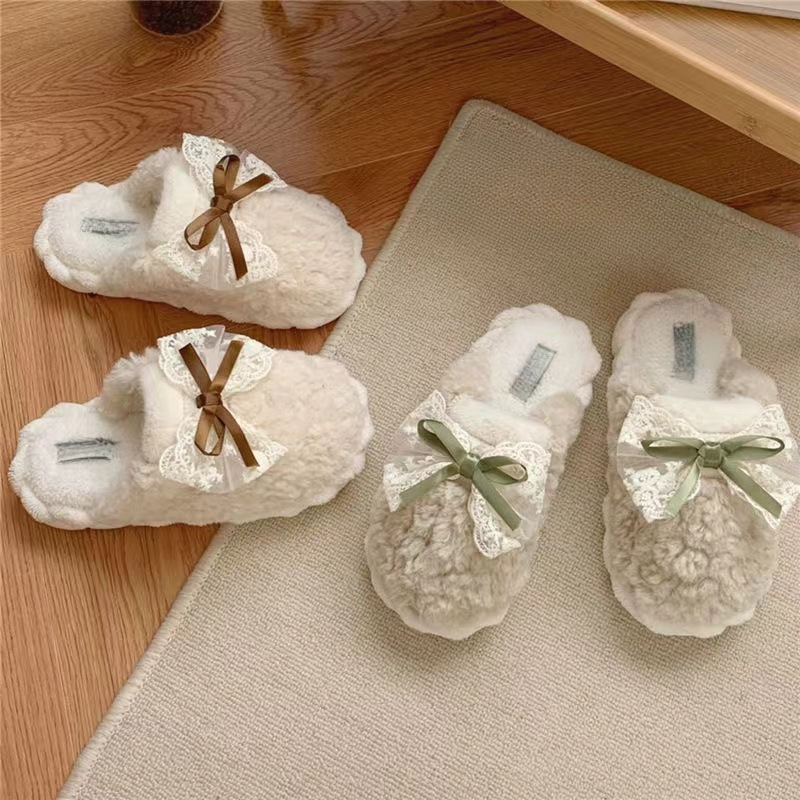 Pantuflas de felpa cálidas y cómodas para mujer con lazo fáciles de poner 5