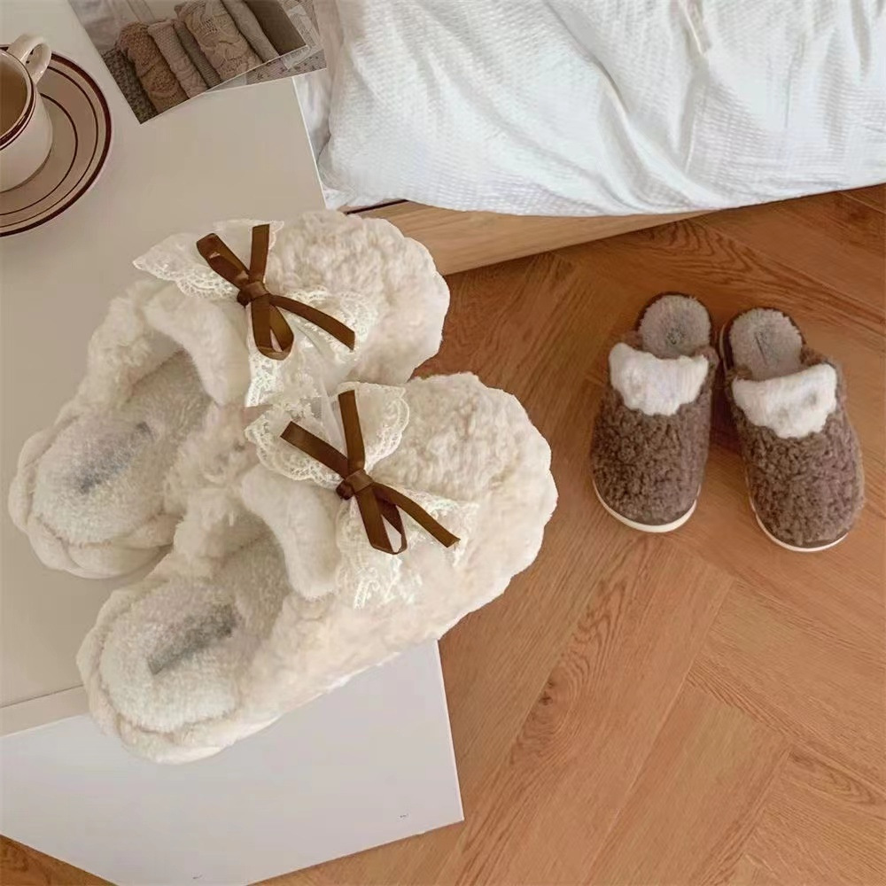 Pantuflas de felpa cálidas y cómodas para mujer con lazo fáciles de poner 4