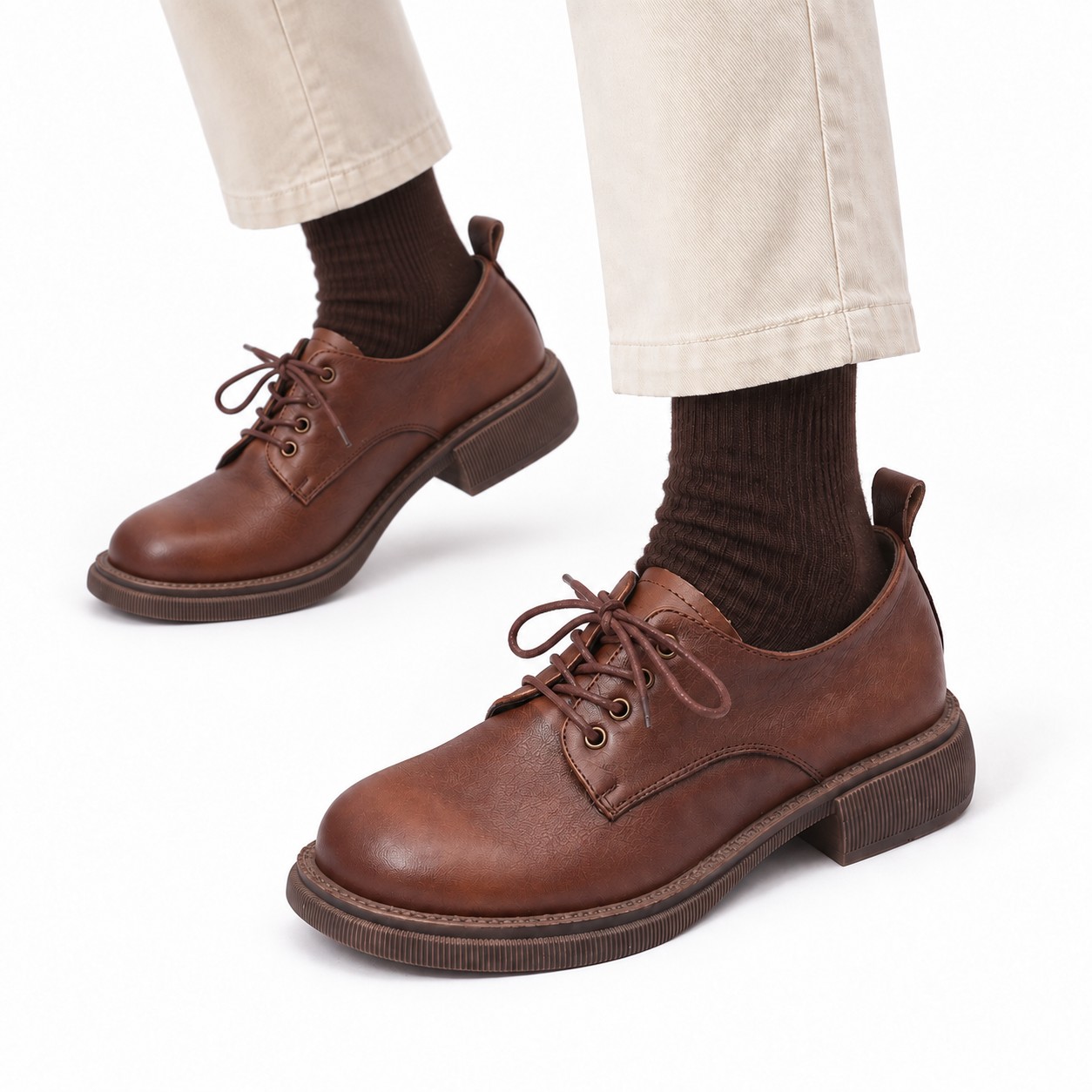 Women's Full-Grain Leather Block-Heel Lace-Up Casual Shoes 1
