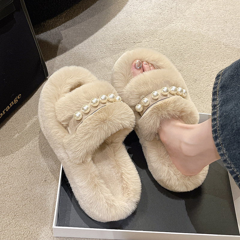 Women's Cozy Faux Pearl Plush Open-Toe Slippers detail 7