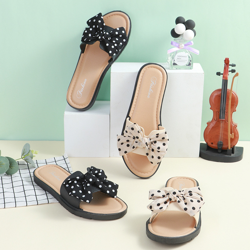 Pantuflas planas de meter para mujer con lazo de lunares 3