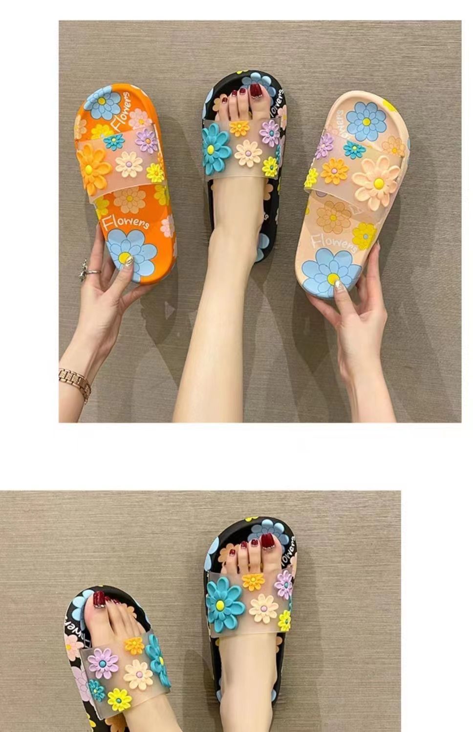 Lichte dames slippers met bloemen en open teen detail 11