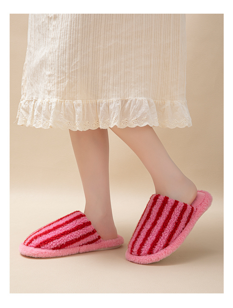 Women's Striped Plush Warm Slip-On Slippers detail 4